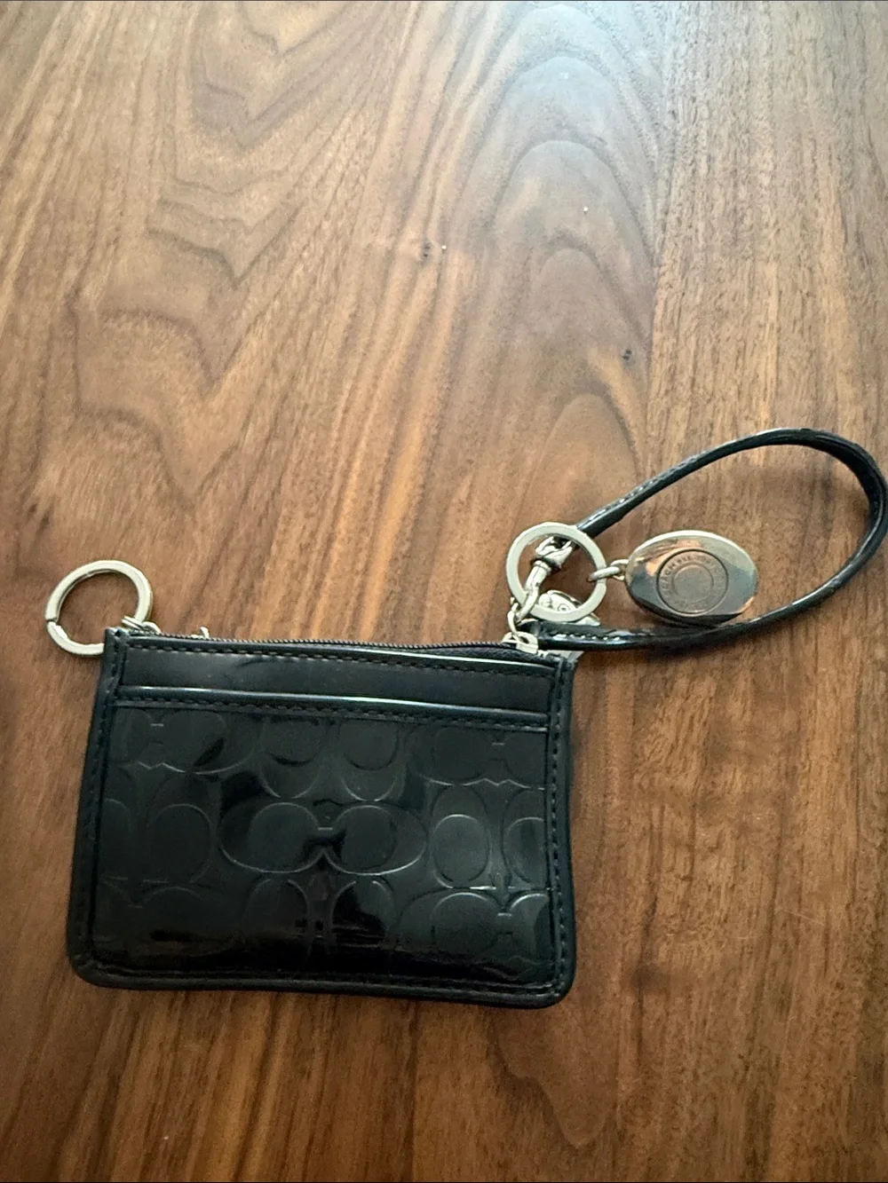 Coach Black Patent Leather Wristlet Card Holder with Keyring